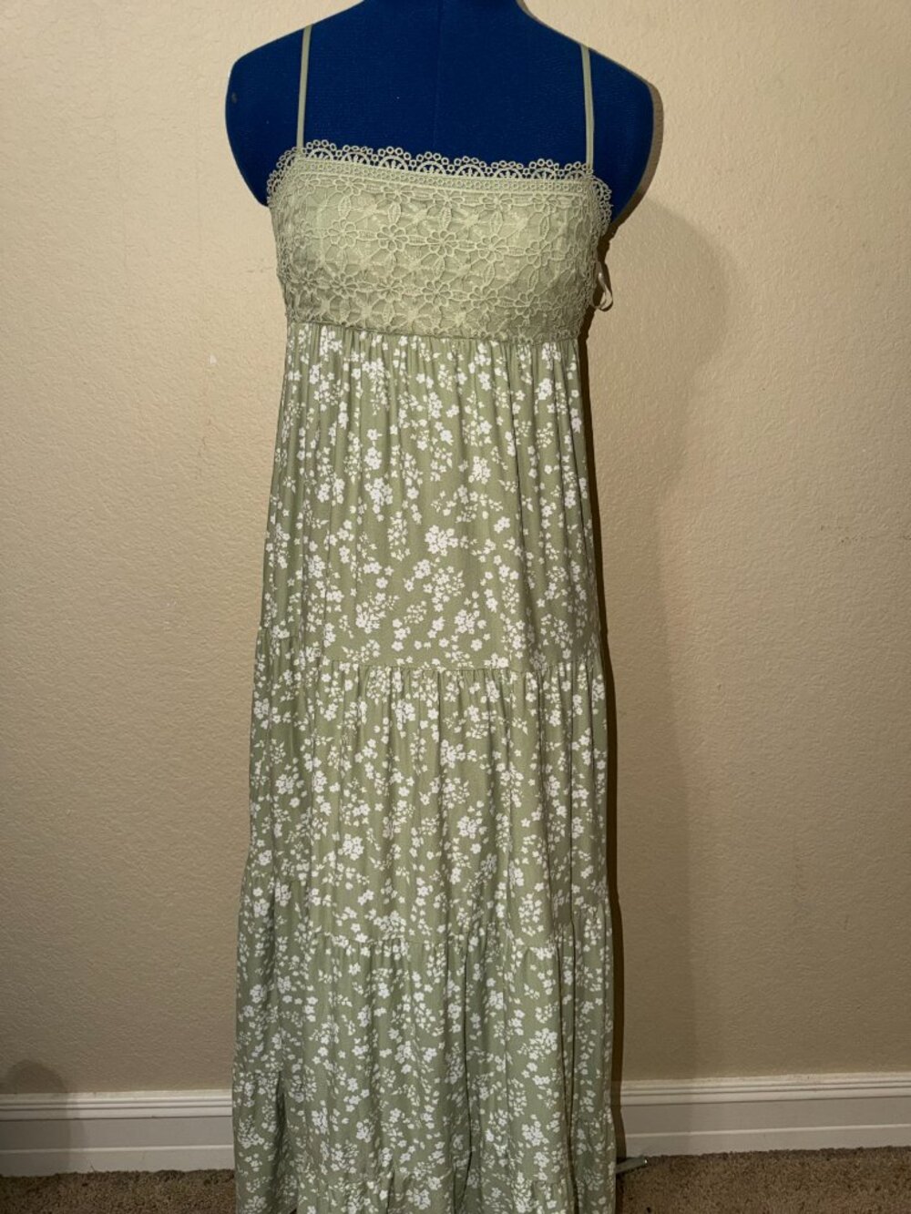 No Boundaries Sage Green Floral Crochet Trim Maxi Dress - XS